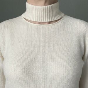 Elie Tahari 100% Cashmere Cut Out Mock Neck Sweater Medium Ivory Designer Edgy